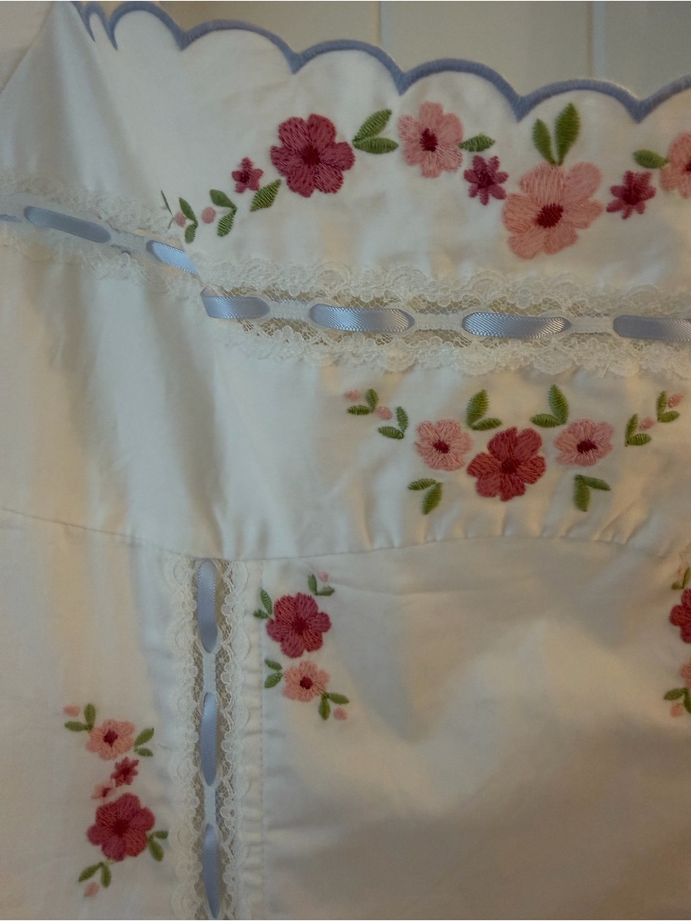 For Love & Lemons Tea Time White Midi Dress with Pink Floral Embroidery - Picture 6 of 15